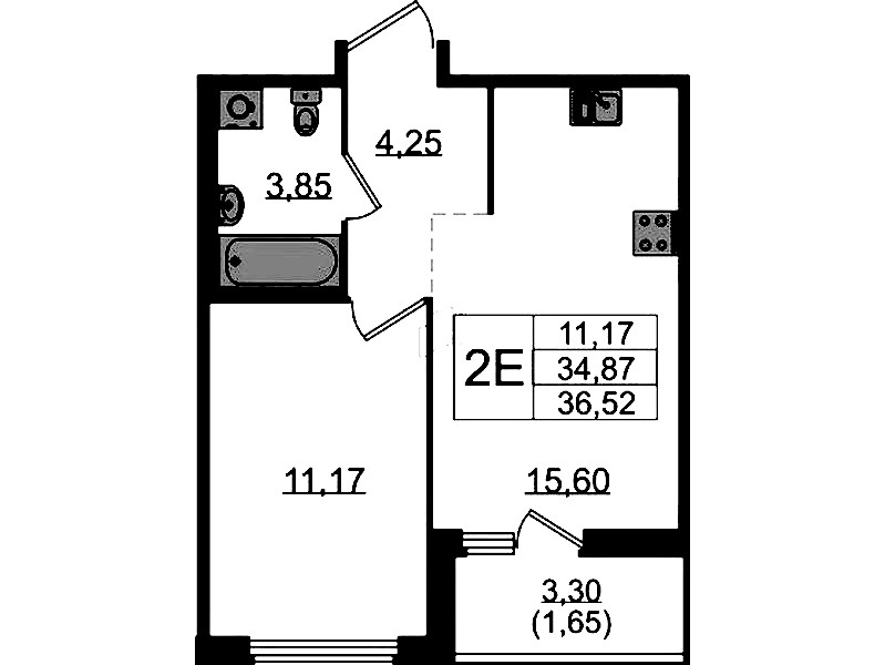 1-комнатная квартира 36.52 м², 12/15 эт., ЖК «GloraX Парголово»